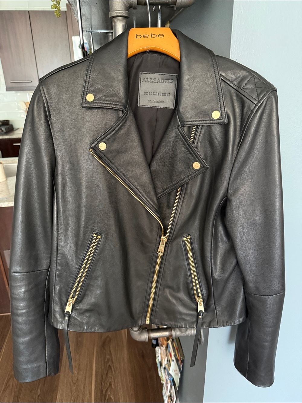 All Saints Black Leather Biker Jacket with Gold Hardware